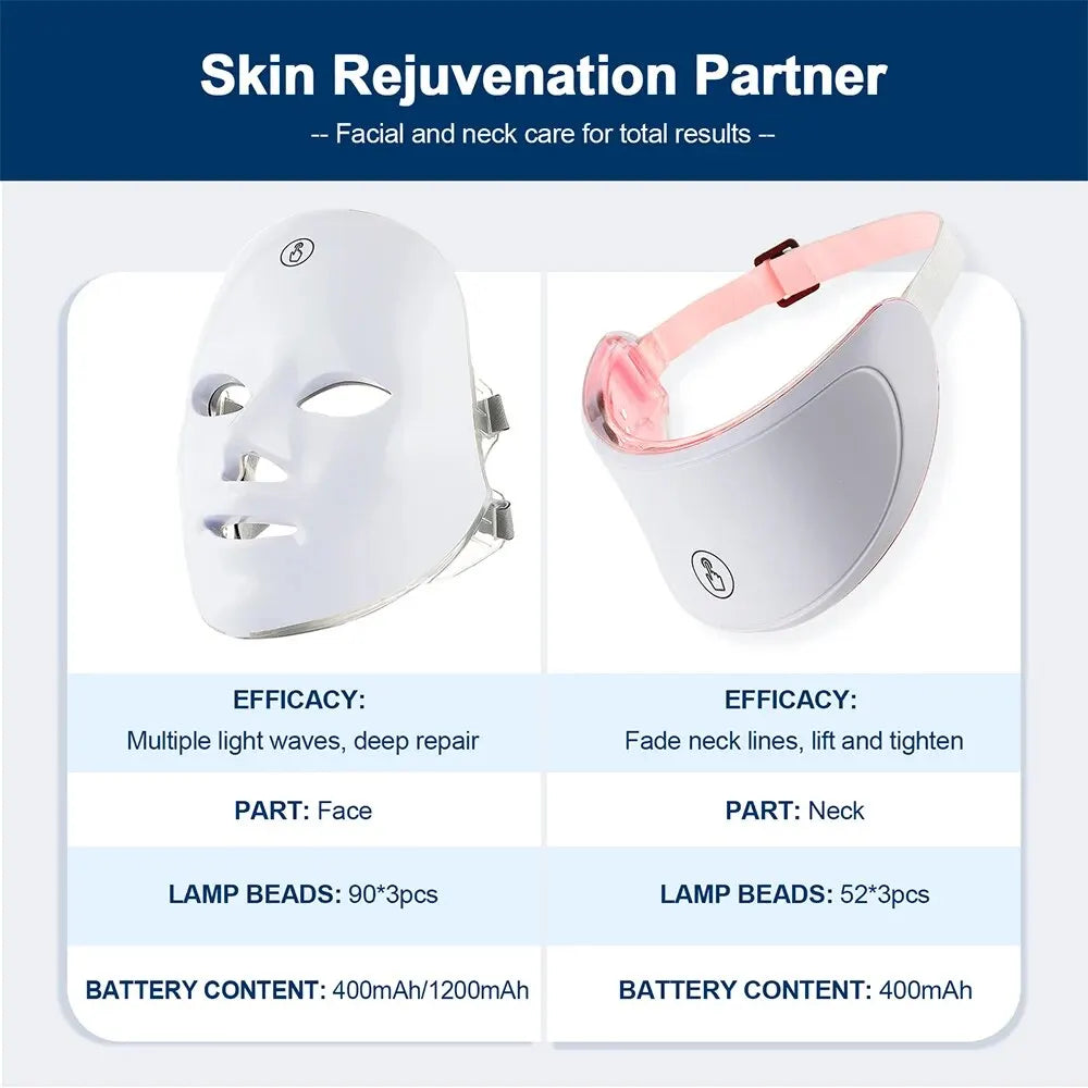 7 Colours Led Facial Mask With Neck Red Light Therapy For Skin Tightening And Anti Aging.